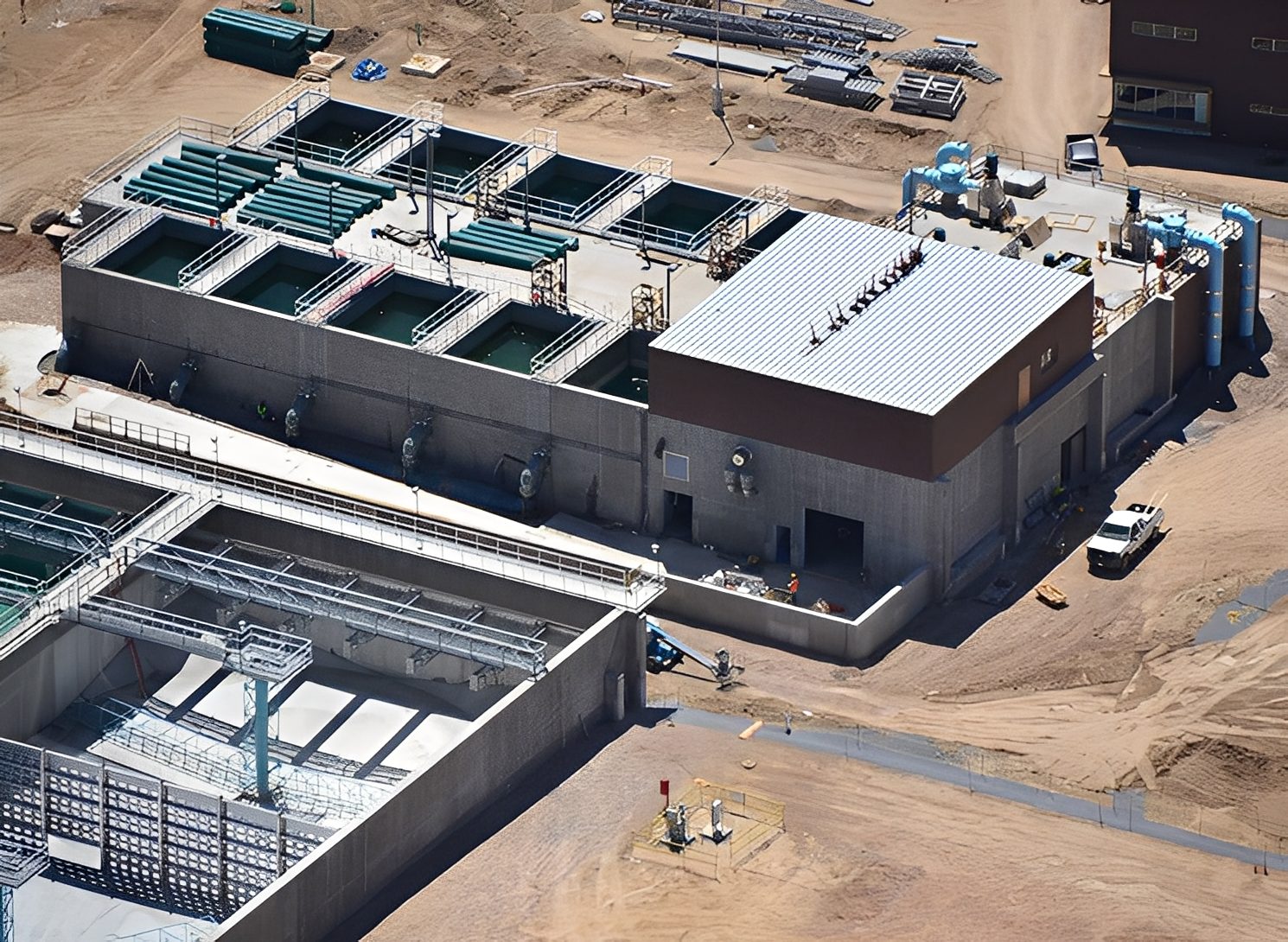 Aerial view of industrial water treatment facility.