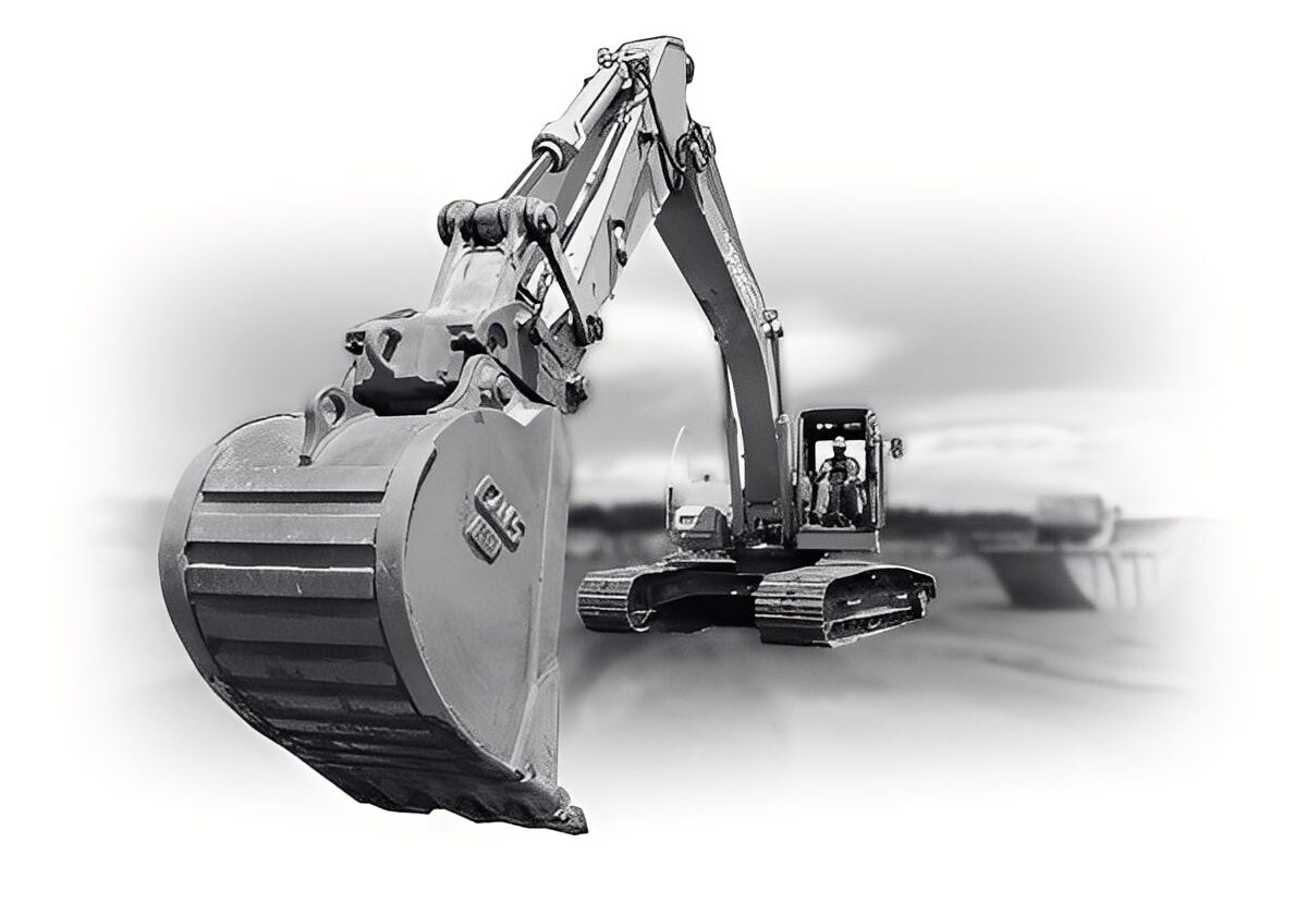 Excavator with large bucket on construction site.